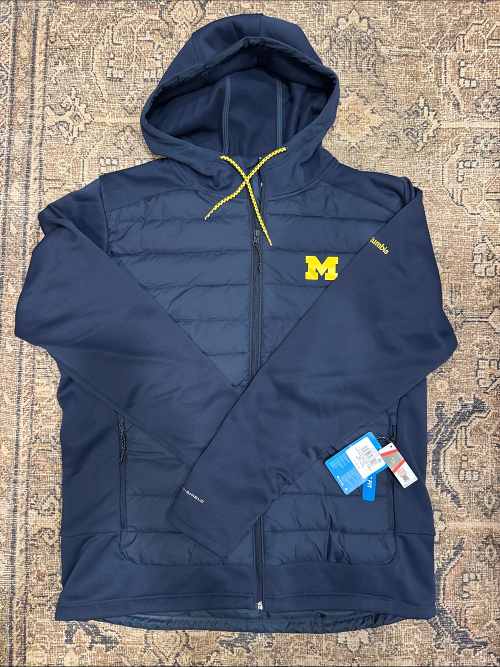Columbia Navy University of MichoQuilted Hooded Puffer Jacket